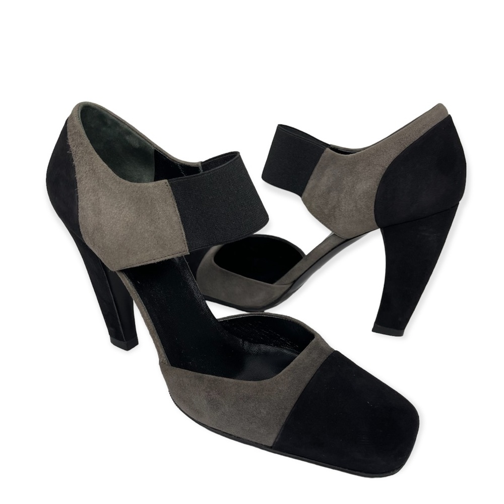 PRADA Suede Leather Mary Jane High Heel Pumps Size 38 Black Gray